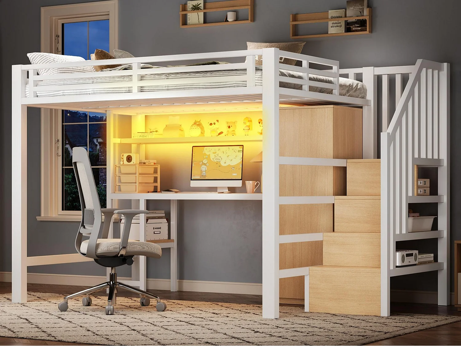 Metal hoogslaper 140x200 cm - LED-verlichting - Ingebouwd bureau en kledingstang - Planken en opbergtrap - MDF - Wit