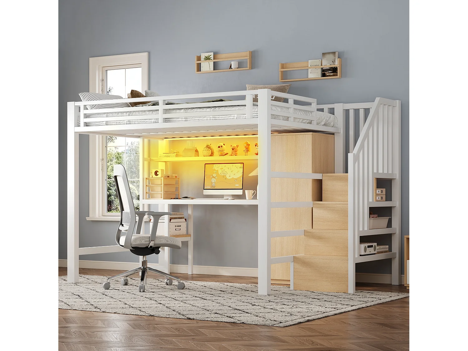 Metal hoogslaper 140x200 cm - LED-verlichting - Ingebouwd bureau en kledingstang - Planken en opbergtrap - MDF - Wit