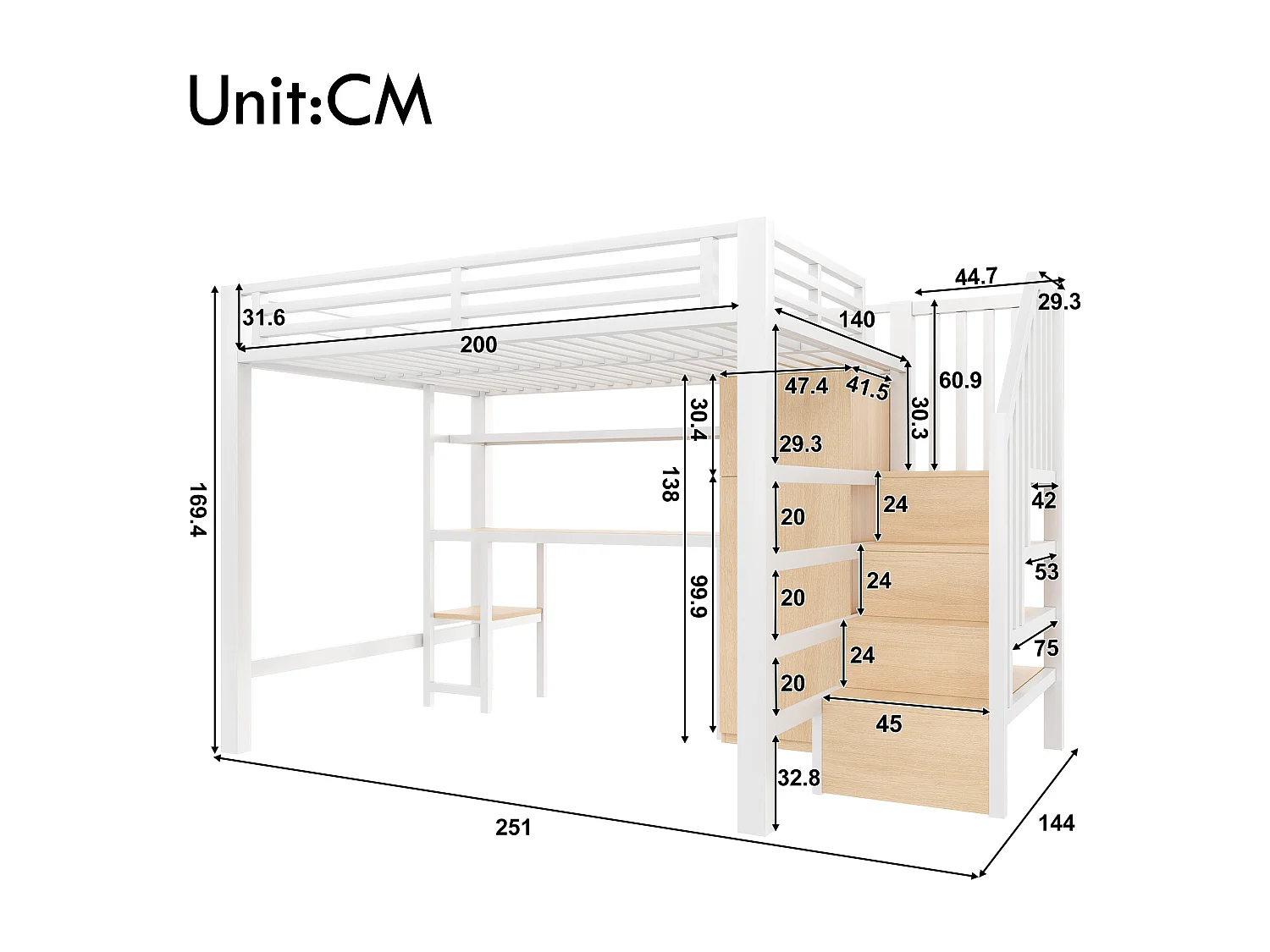 Metal hoogslaper 140x200 cm - LED-verlichting - Ingebouwd bureau en kledingstang - Planken en opbergtrap - MDF - Wit