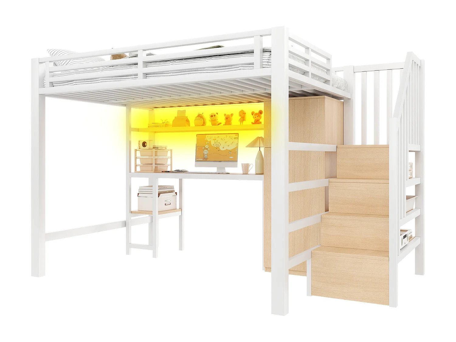 Metal hoogslaper 140x200 cm - LED-verlichting - Ingebouwd bureau en kledingstang - Planken en opbergtrap - MDF - Wit