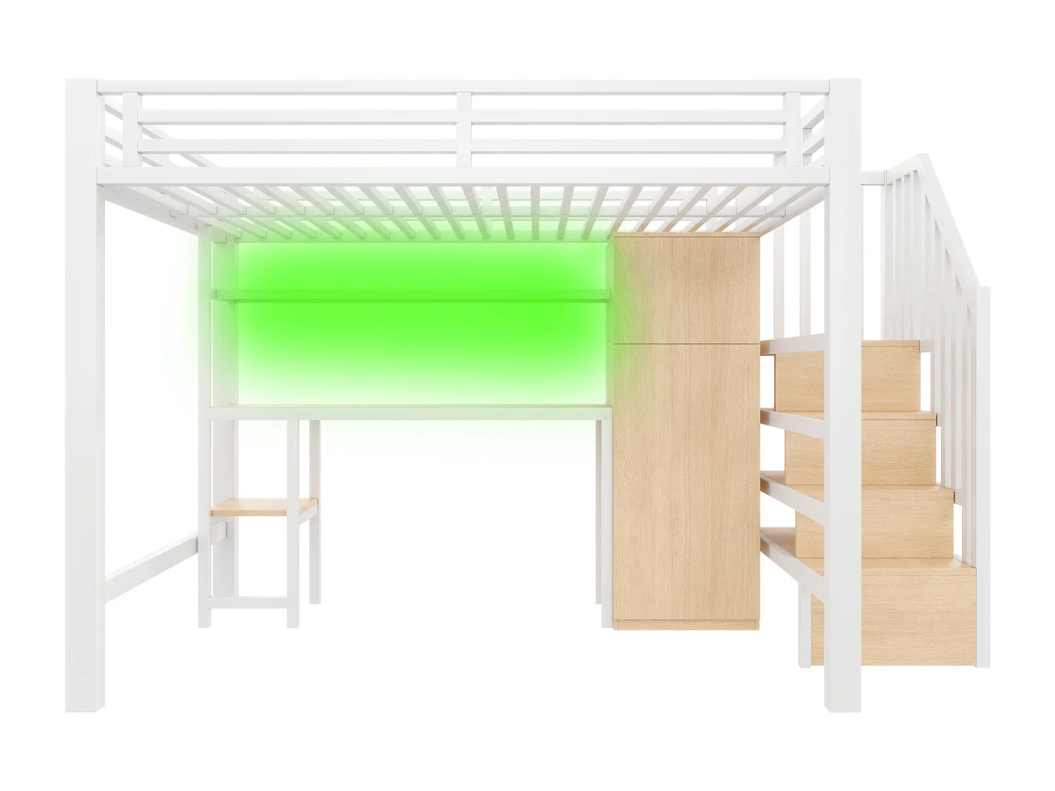 Metal hoogslaper 140x200 cm - LED-verlichting - Ingebouwd bureau en kledingstang - Planken en opbergtrap - MDF - Wit