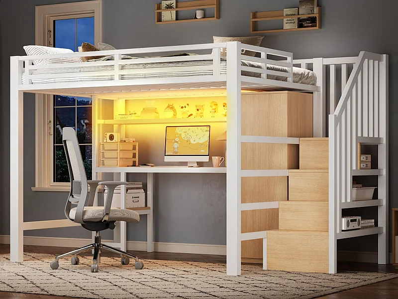 Metal hoogslaper 140x200 cm - LED-verlichting - Ingebouwd bureau en kledingstang - Planken en opbergtrap - MDF - Wit