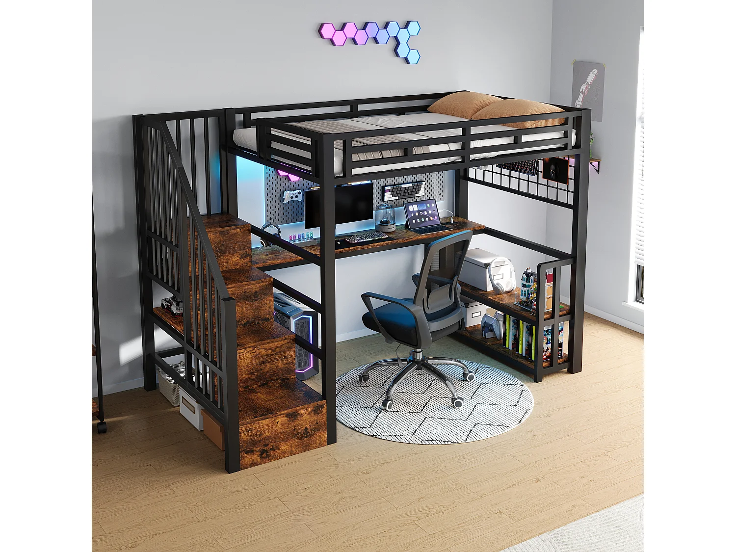 Letto soppalcato 90x200 cm - con ripiani di riporre e scrivania - luce LED - dotato di 2 porte USB + 1 porta Type-C - nero​ (materasso non incluso)