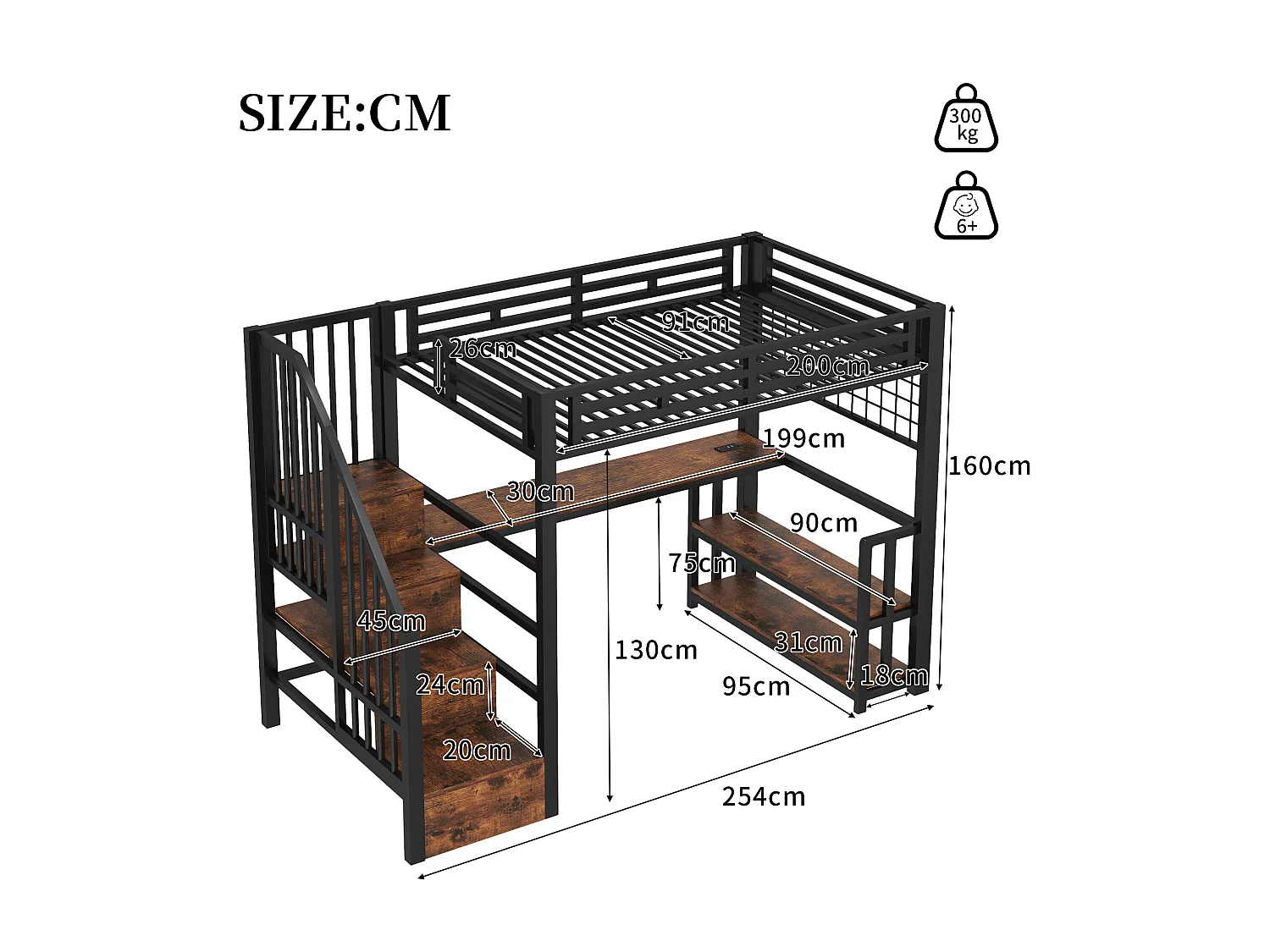 Letto soppalcato 90x200 cm - con ripiani di riporre e scrivania - luce LED - dotato di 2 porte USB + 1 porta Type-C - nero​ (materasso non incluso)