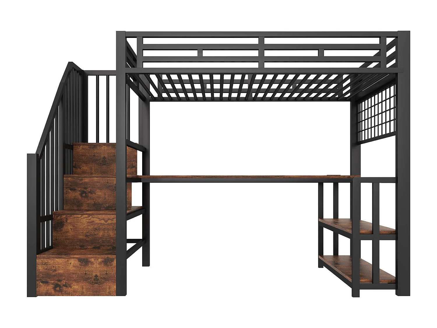 Letto soppalcato 90x200 cm - con ripiani di riporre e scrivania - luce LED - dotato di 2 porte USB + 1 porta Type-C - nero​ (materasso non incluso)