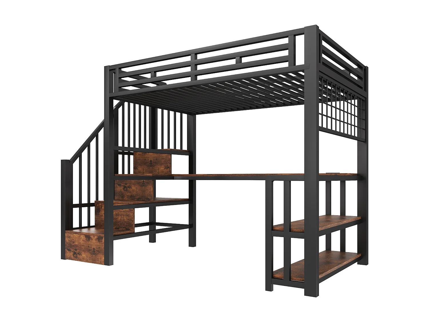 Letto soppalcato 90x200 cm - con ripiani di riporre e scrivania - luce LED - dotato di 2 porte USB + 1 porta Type-C - nero​ (materasso non incluso)