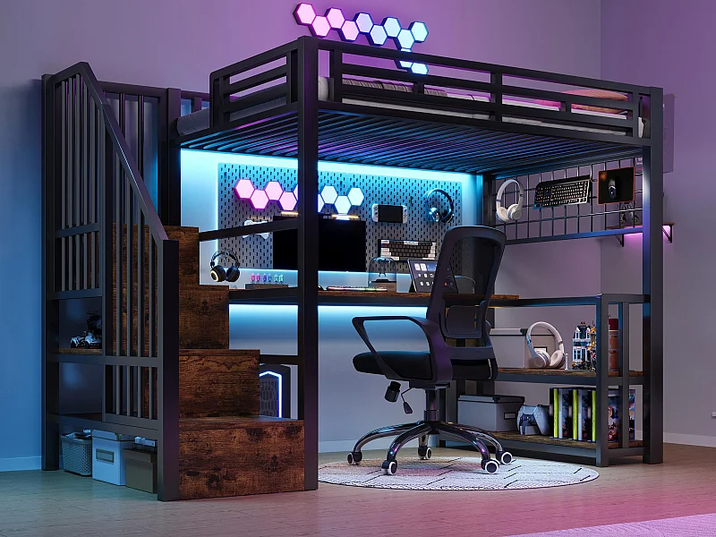 Lit mezzanine 90x200 cm - avec étagères de rangement et bureau - lumière LED - équipé de 2 ports USB + 1 port Type-C - noir (matelas non inclus)