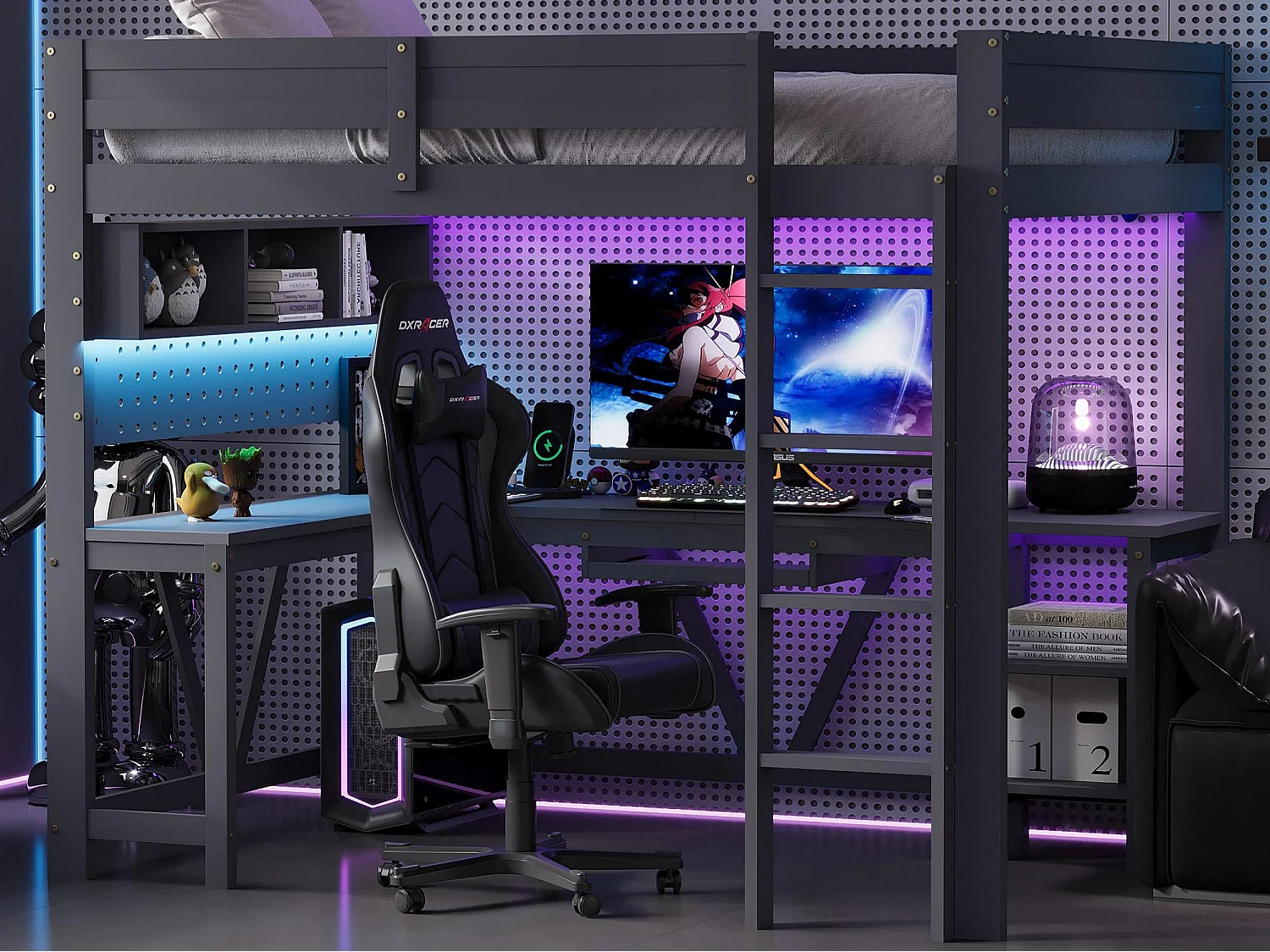 Lit mezzanine en bois 90x200 cm - avec bureau et compartiments de rangement - LED et port de chargement - Gris (matelas non inclus)