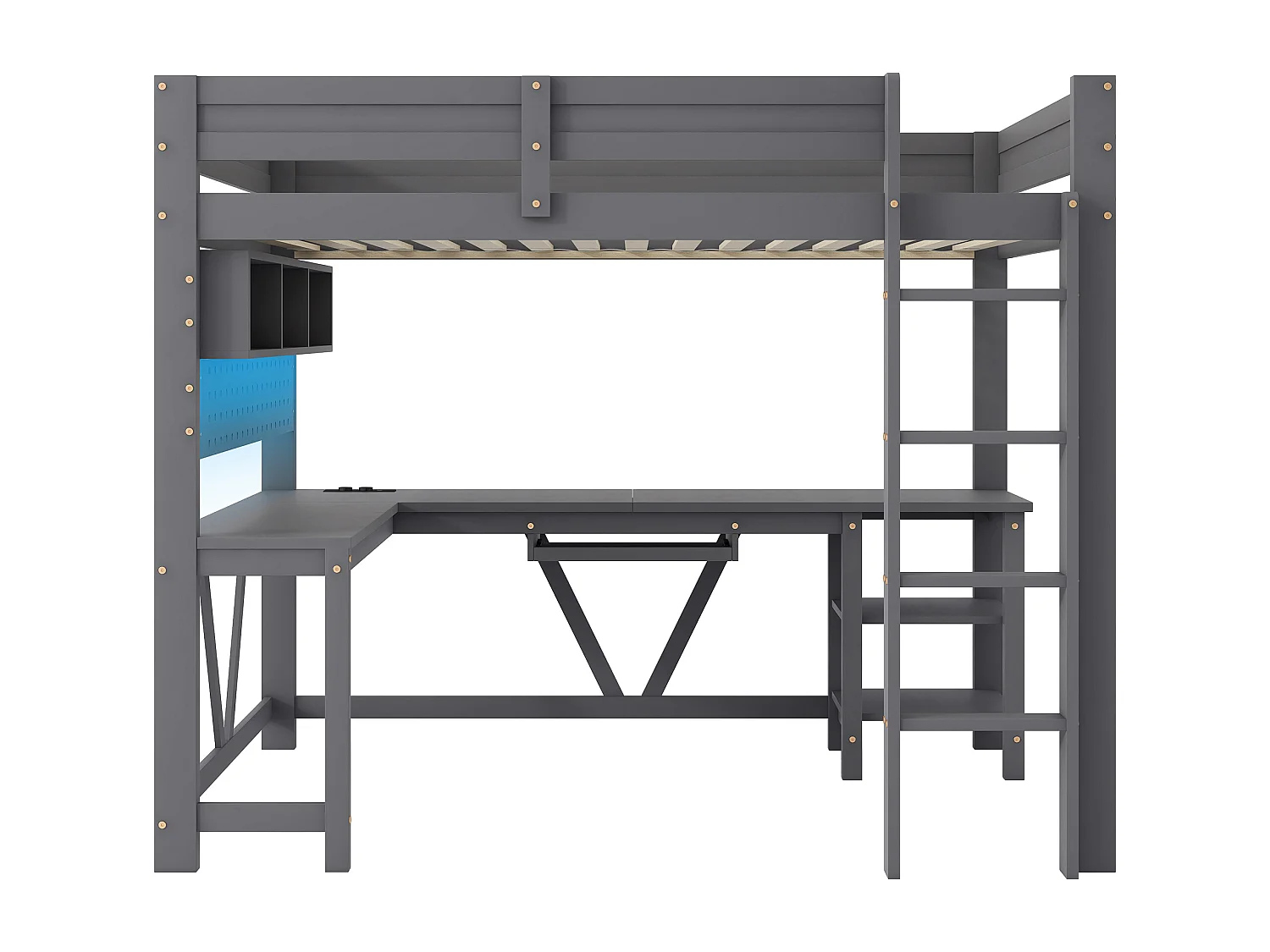 Lit mezzanine en bois 90x200 cm - avec bureau et compartiments de rangement - LED et port de chargement - Gris (matelas non inclus)