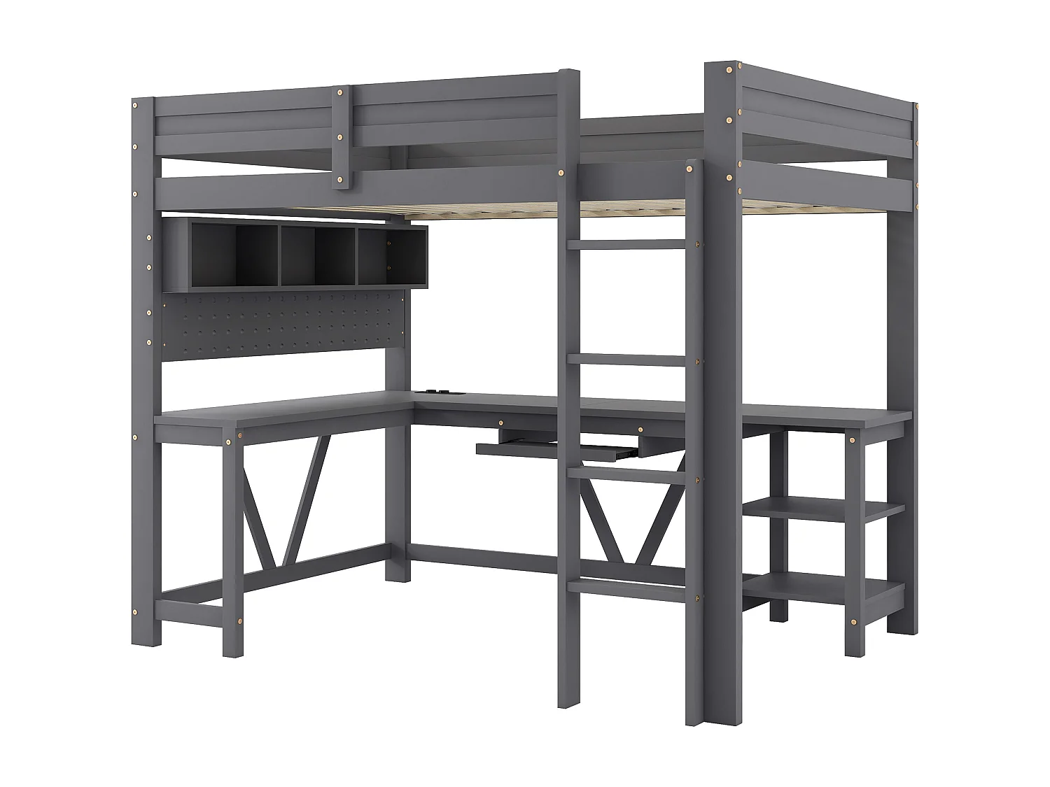 Lit mezzanine en bois 90x200 cm - avec bureau et compartiments de rangement - LED et port de chargement - Gris (matelas non inclus)