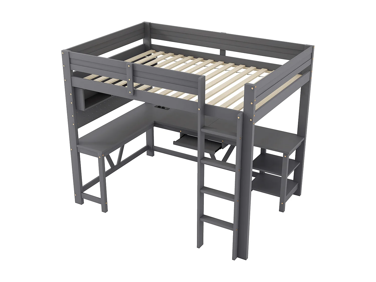 Lit mezzanine en bois 90x200 cm - avec bureau et compartiments de rangement - LED et port de chargement - Gris (matelas non inclus)