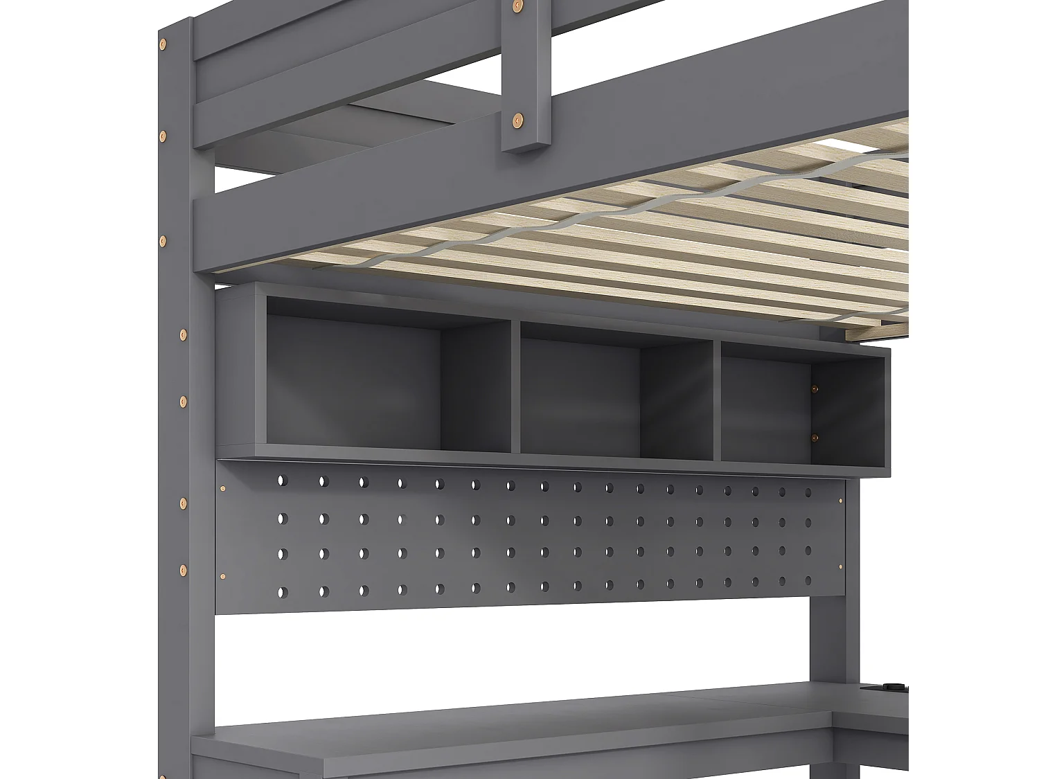 Lit mezzanine en bois 90x200 cm - avec bureau et compartiments de rangement - LED et port de chargement - Gris (matelas non inclus)