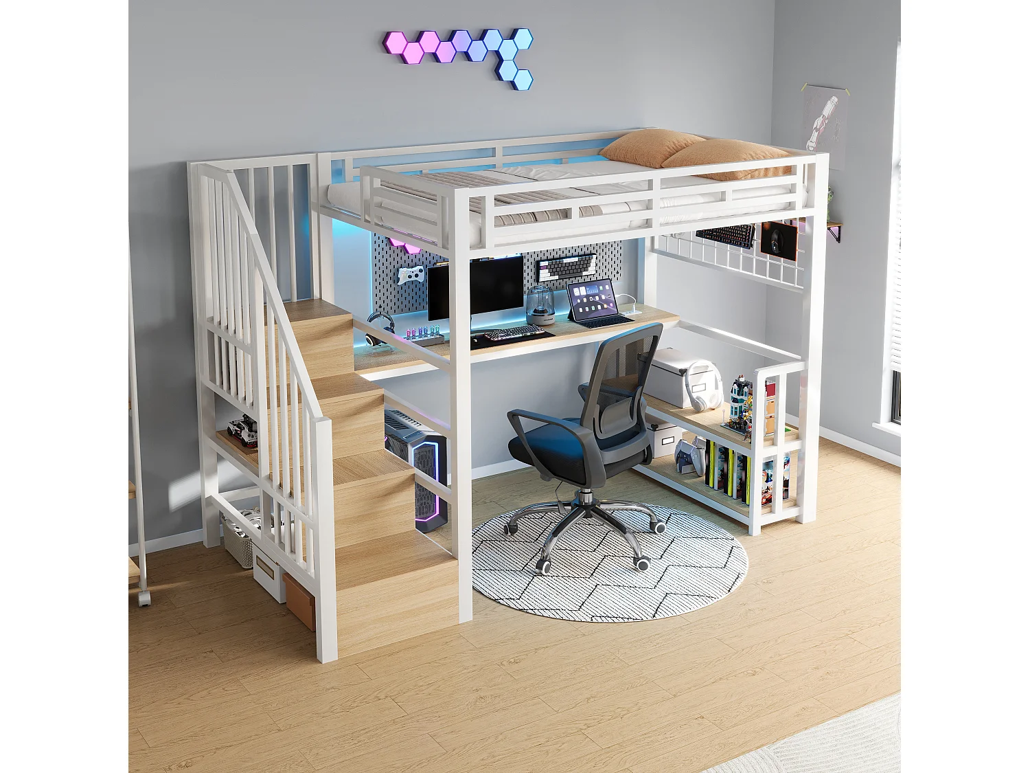 Letto soppalcato 90x200 cm - con ripiani di riporre e scrivania - luce LED - dotato di 2 porte USB + 1 porta Type-C - bianco​ (materasso non incluso)