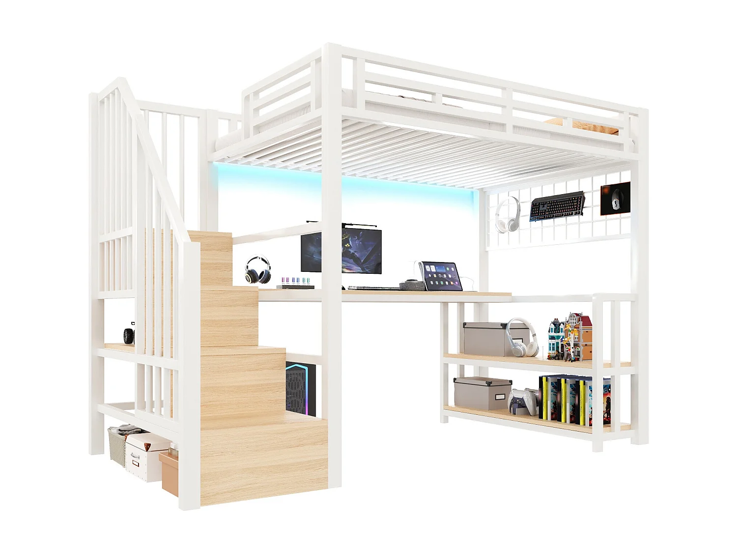 Letto soppalcato 90x200 cm - con ripiani di riporre e scrivania - luce LED - dotato di 2 porte USB + 1 porta Type-C - bianco​ (materasso non incluso)