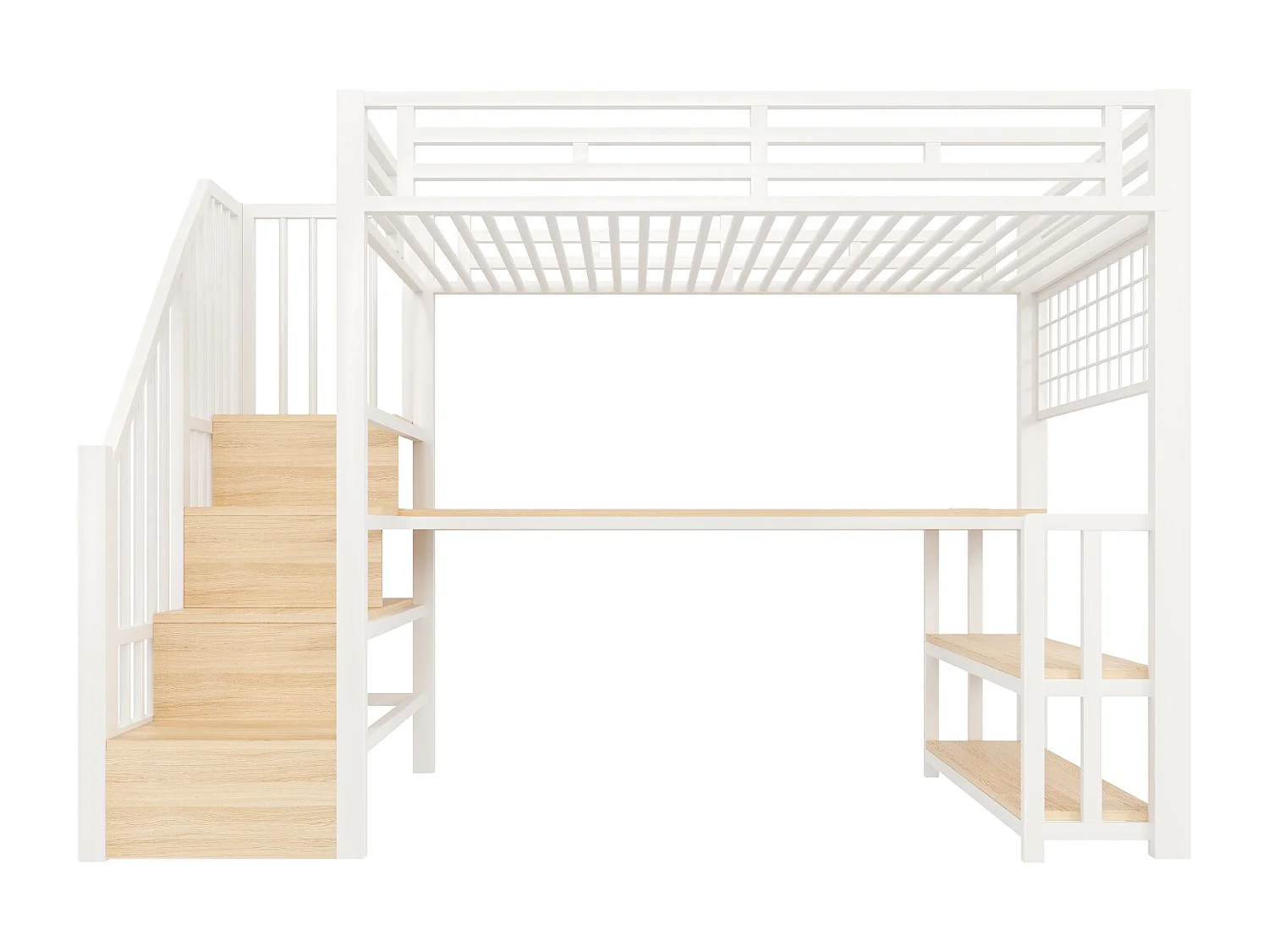 Letto soppalcato 90x200 cm - con ripiani di riporre e scrivania - luce LED - dotato di 2 porte USB + 1 porta Type-C - bianco​ (materasso non incluso)