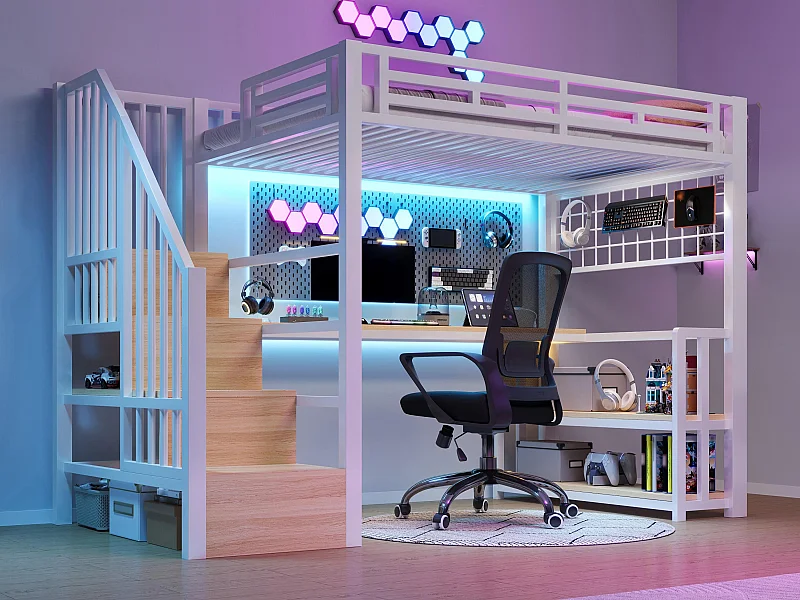 Lit mezzanine 90x200 cm - avec étagères de rangement et bureau - lumière LED - équipé de 2 ports USB + 1 port Type-C - blanc (matelas non inclus)