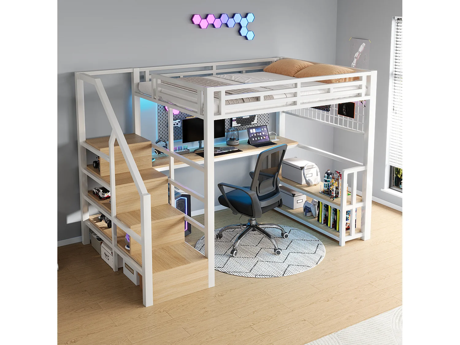 Letto soppalcato 140x200 cm - con ripiani di riporre e scrivania - luce LED - dotato di 2 porte USB + 1 porta Type-C - bianco​ (materasso non incluso)