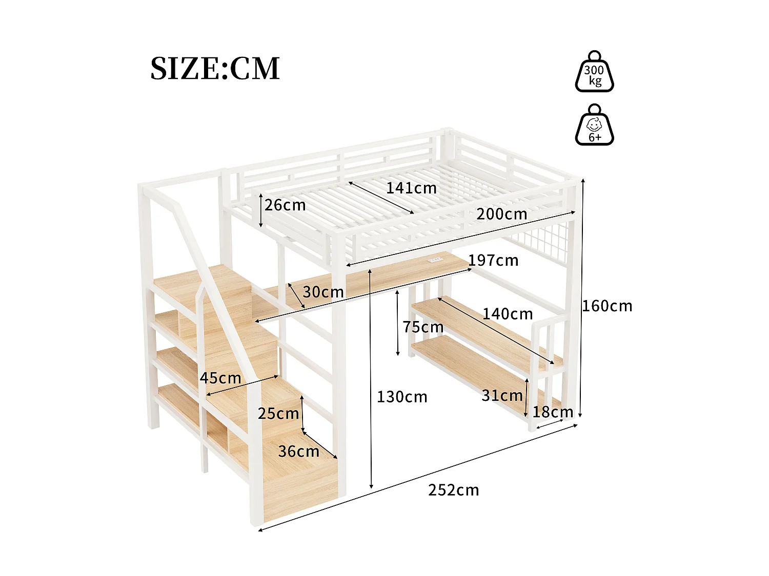 Letto soppalcato 140x200 cm - con ripiani di riporre e scrivania - luce LED - dotato di 2 porte USB + 1 porta Type-C - bianco​ (materasso non incluso)