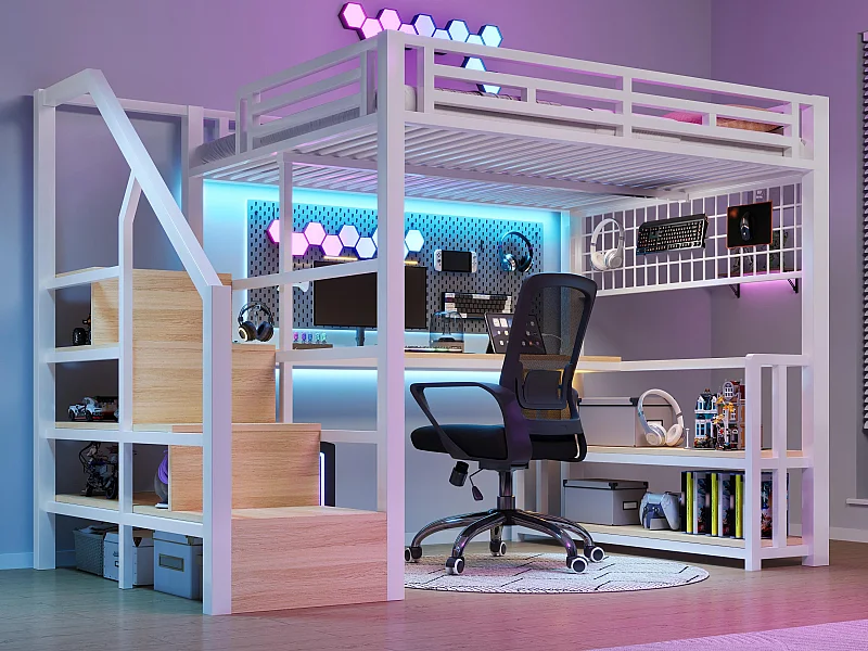 Lit mezzanine 140x200 cm - avec étagères de rangement et bureau - lumière LED - équipé de 2 ports USB + 1 port Type-C - blanc (matelas non inclus)