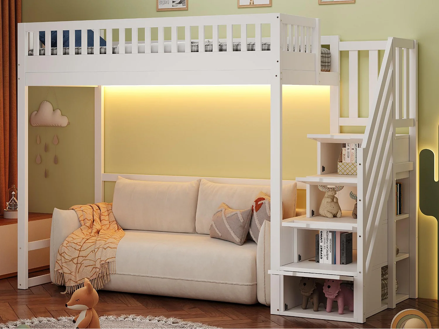 Hochbett 90x200 cm - mit Sicherheitsleiter - mit Sicherheitsgittern - mit LED-Beleuchtung - weiß​ (Matratze nicht inbegriffen)