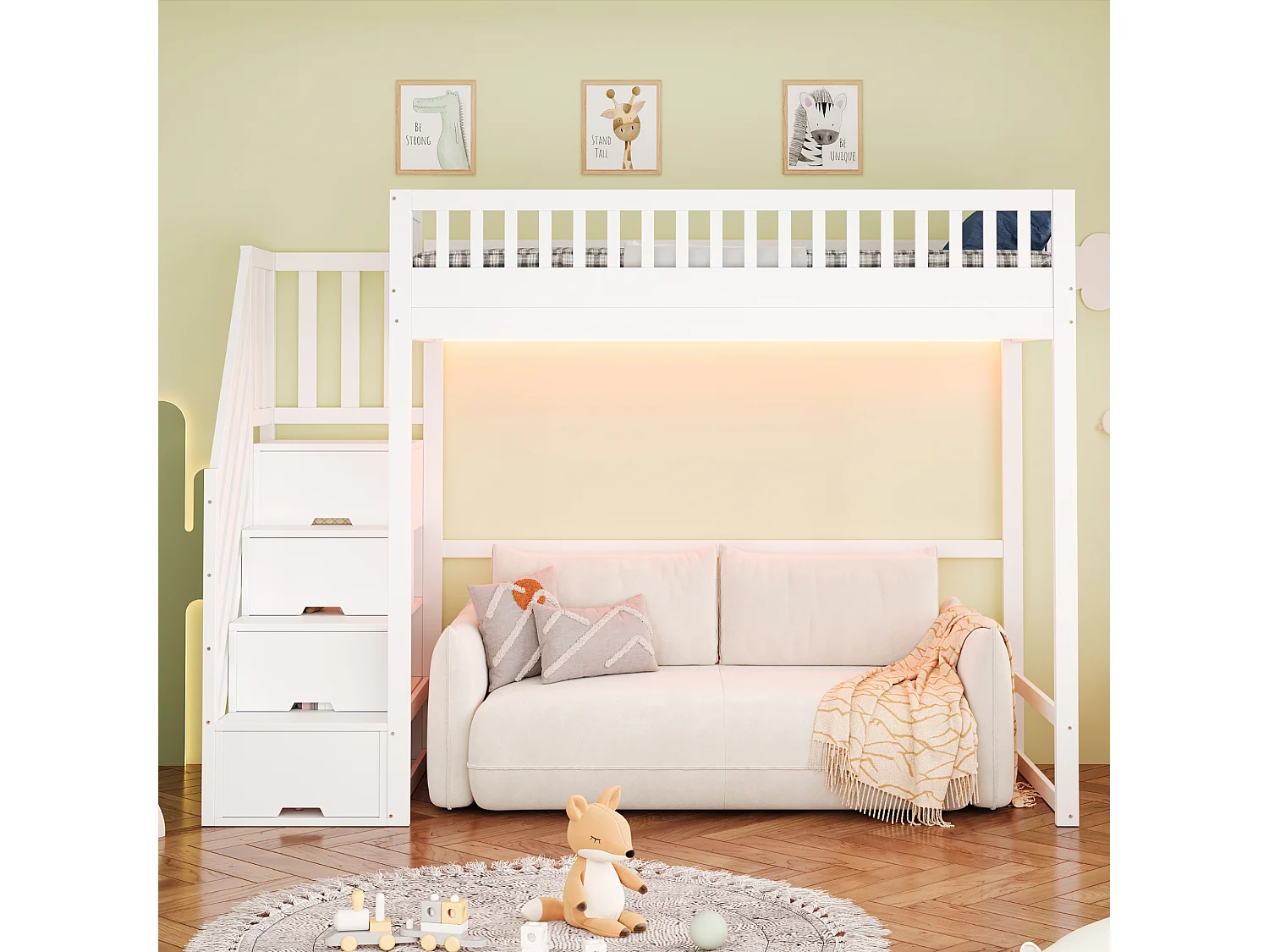 Hochbett 90x200 cm - mit Sicherheitsleiter - mit Sicherheitsgittern - mit LED-Beleuchtung - weiß​ (Matratze nicht inbegriffen)