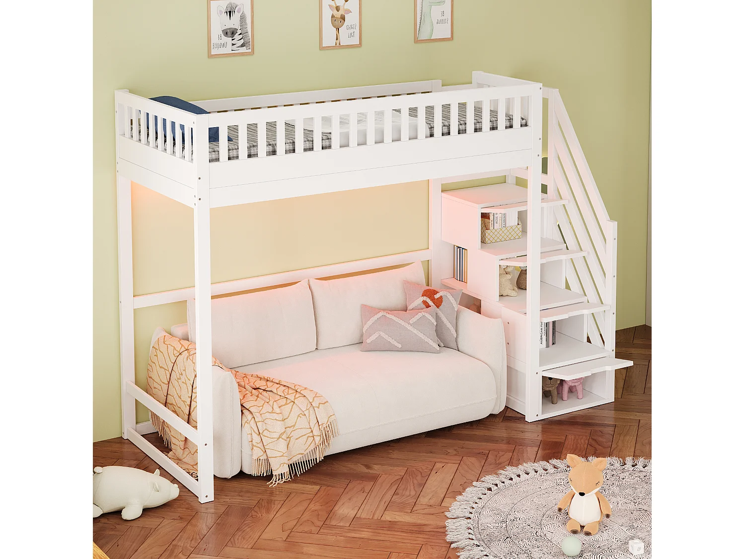 Hochbett 90x200 cm - mit Sicherheitsleiter - mit Sicherheitsgittern - mit LED-Beleuchtung - weiß​ (Matratze nicht inbegriffen)