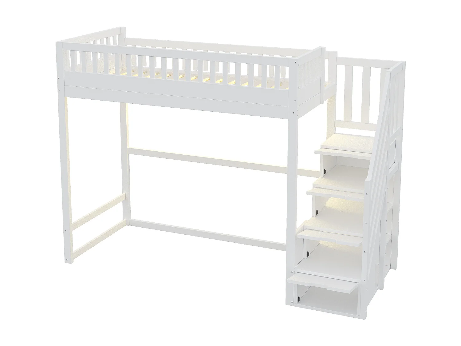 Hochbett 90x200 cm - mit Sicherheitsleiter - mit Sicherheitsgittern - mit LED-Beleuchtung - weiß​ (Matratze nicht inbegriffen)