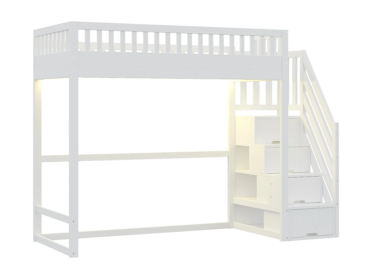 Hochbett 90x200 cm - mit Sicherheitsleiter - mit Sicherheitsgittern - mit LED-Beleuchtung - weiß​ (Matratze nicht inbegriffen)