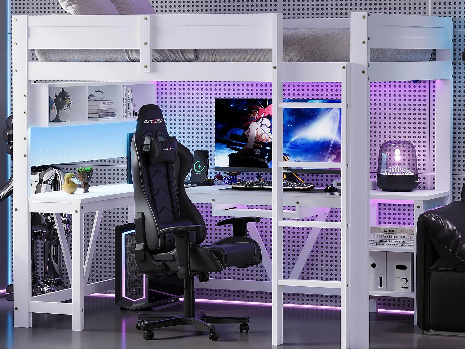 Lit mezzanine en bois 90x200 cm - avec bureau et compartiments de rangement - LED et port de chargement - Blanc (matelas non inclus)