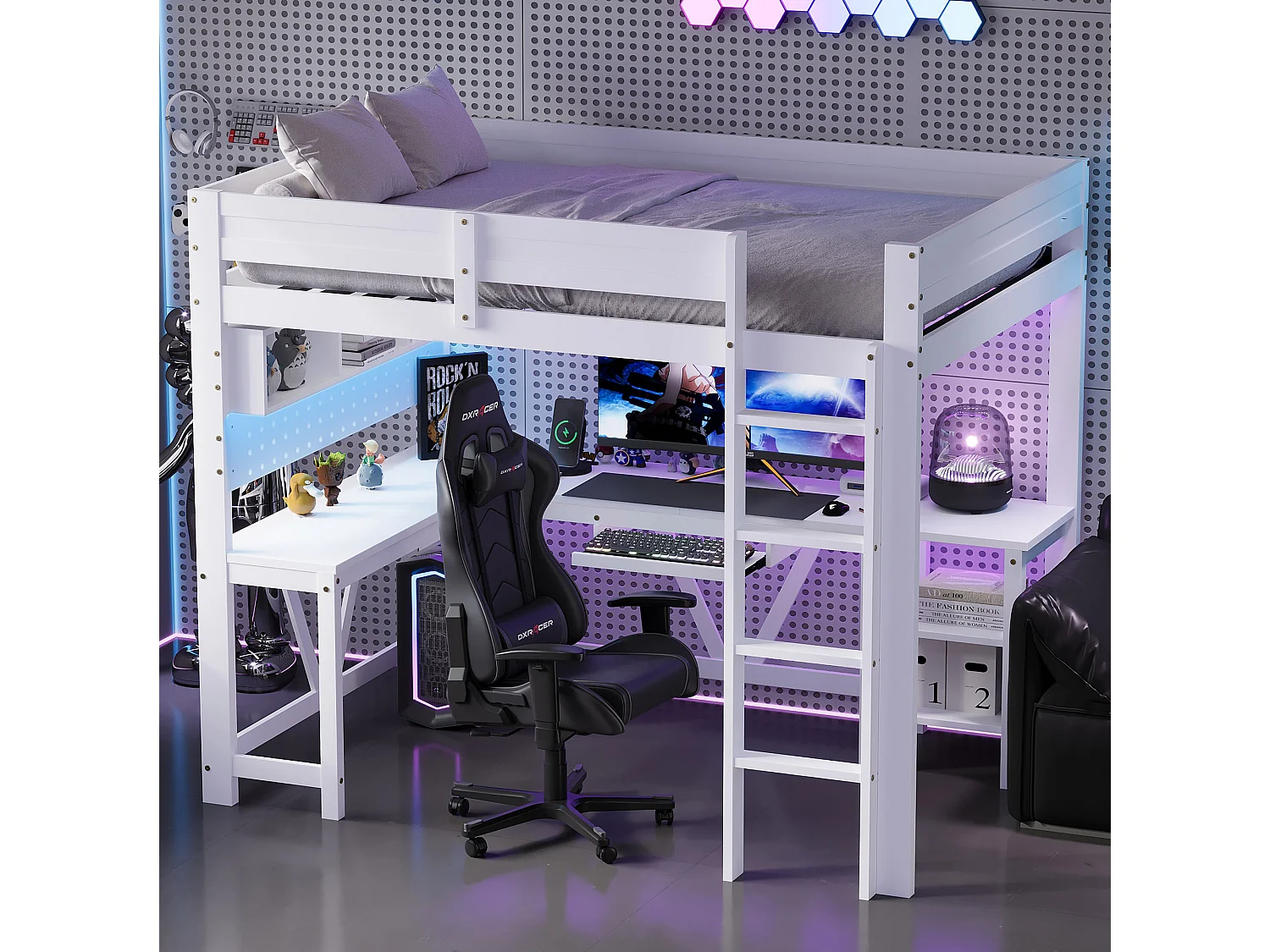 Lit mezzanine en bois 90x200 cm - avec bureau et compartiments de rangement - LED et port de chargement - Blanc (matelas non inclus)