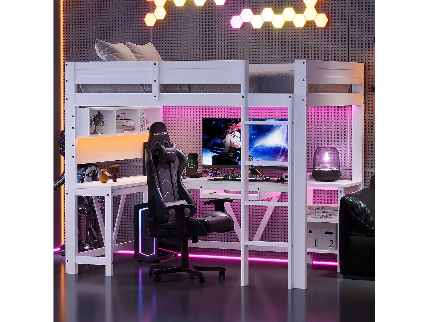 Lit mezzanine en bois 90x200 cm - avec bureau et compartiments de rangement - LED et port de chargement - Blanc (matelas non inclus)