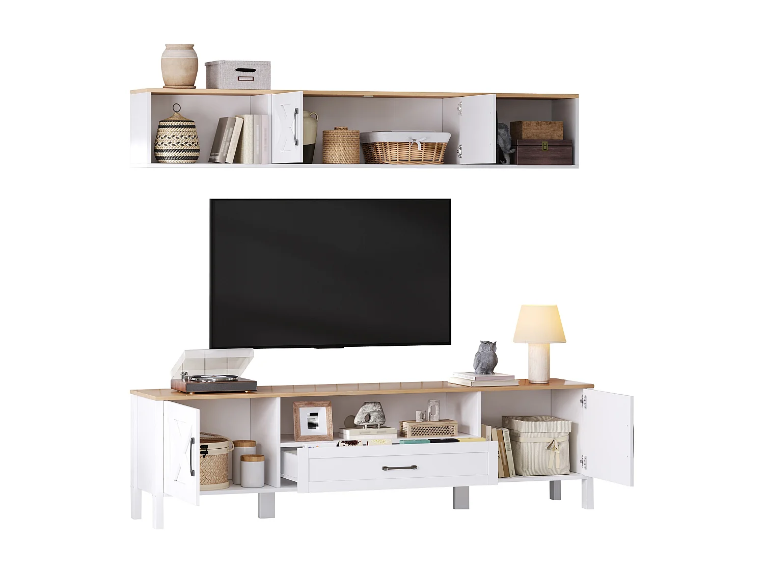 TV-meubelset 2-delig - 180x40x50 cm - TV-meubel + wandvitrine - 4 deuren en 1 lade - MDF - Wit