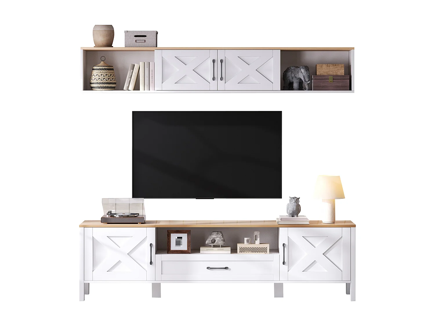 TV-meubelset 2-delig - 180x40x50 cm - TV-meubel + wandvitrine - 4 deuren en 1 lade - MDF - Wit