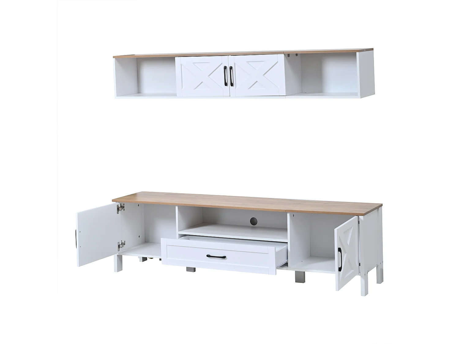 TV-meubelset 2-delig - 180x40x50 cm - TV-meubel + wandvitrine - 4 deuren en 1 lade - MDF - Wit