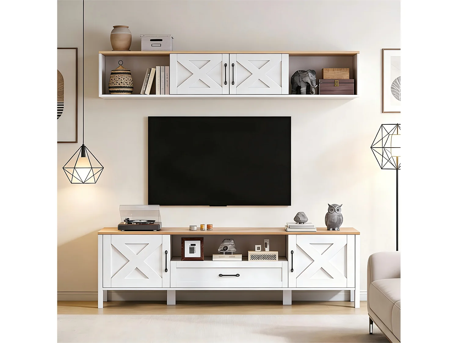 TV-meubelset 2-delig - 180x40x50 cm - TV-meubel + wandvitrine - 4 deuren en 1 lade - MDF - Wit