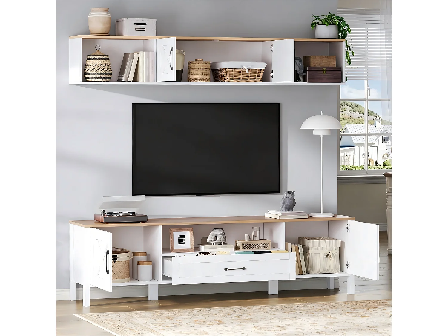 TV-meubelset 2-delig - 180x40x50 cm - TV-meubel + wandvitrine - 4 deuren en 1 lade - MDF - Wit