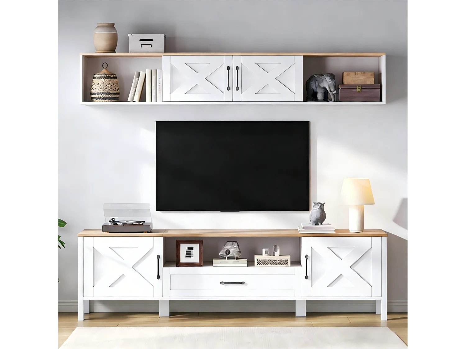 TV-meubelset 2-delig - 180x40x50 cm - TV-meubel + wandvitrine - 4 deuren en 1 lade - MDF - Wit