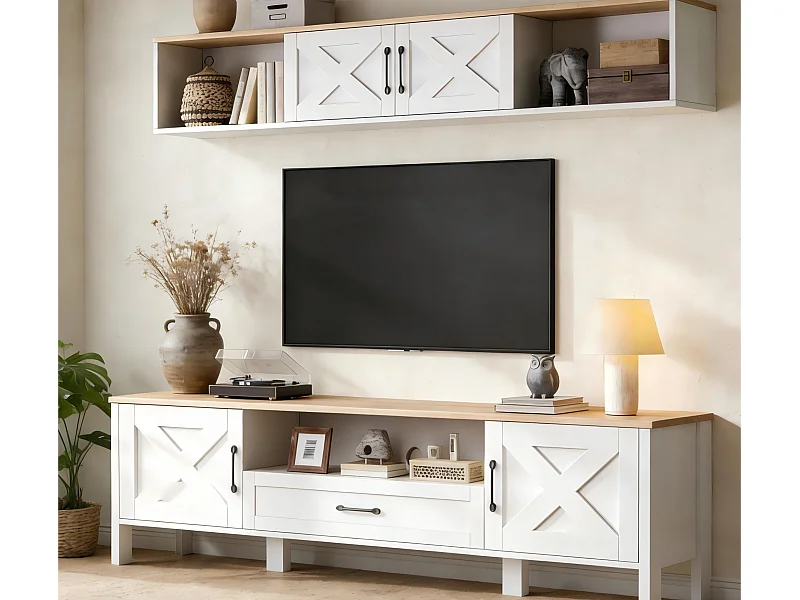 TV-meubelset 2-delig - 180x40x50 cm - TV-meubel + wandvitrine - 4 deuren en 1 lade - MDF - Wit