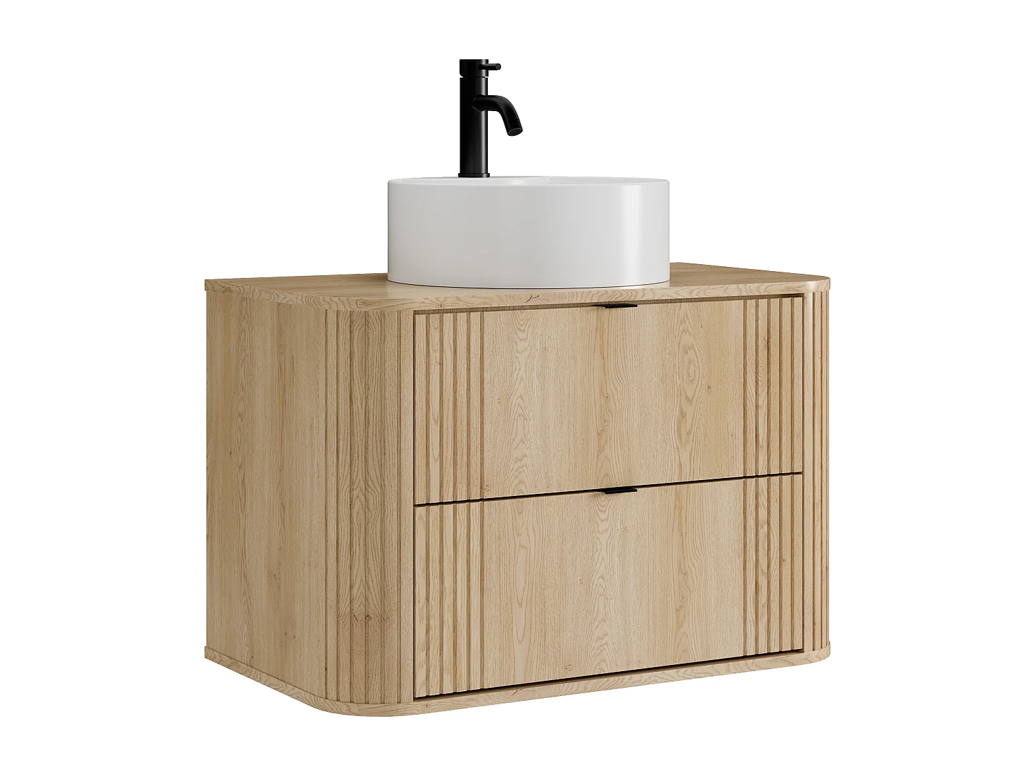 Hängender Badschrank mit Aufsatzwaschbecken rund und Armatur - Helles Naturholz - 80 cm - FILOR