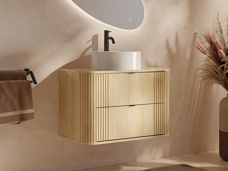Mueble de baño suspendido con lavabo redondo sobre encimera y grifo - Natural claro - 80 cm - FILOR