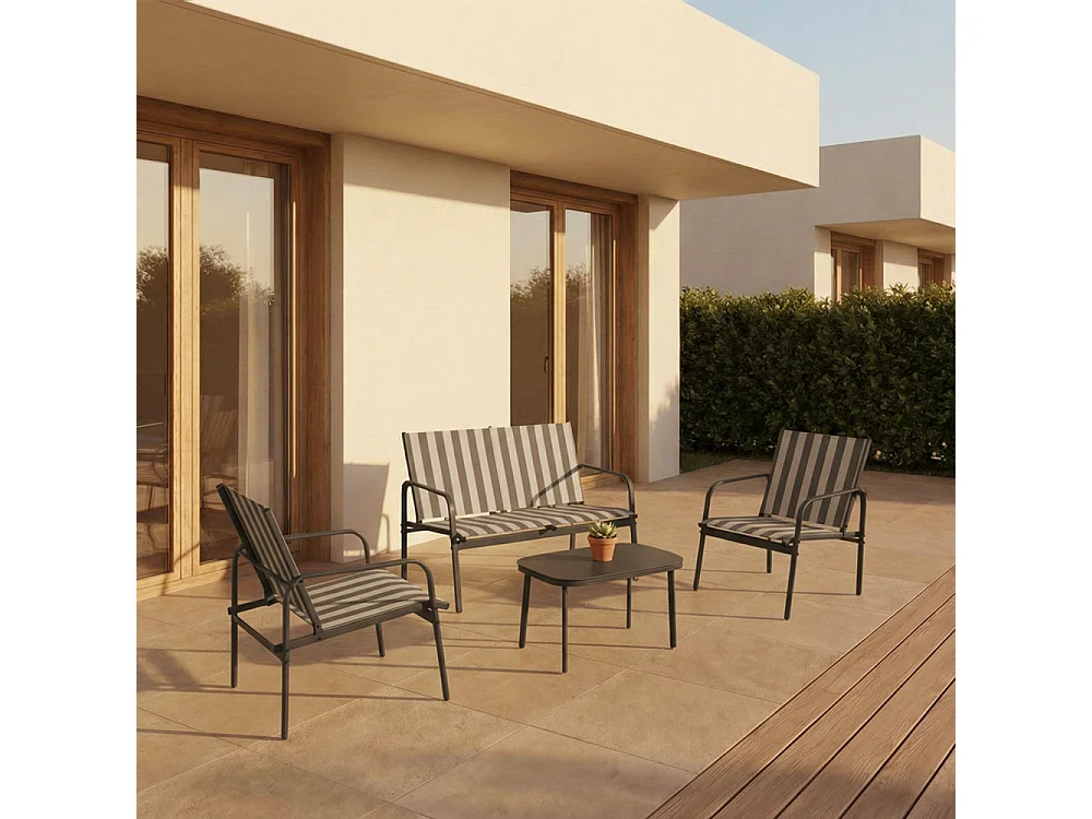 Kallia - Salon de jardin 4 personnes à rayures en acier et textilène - Gris foncé