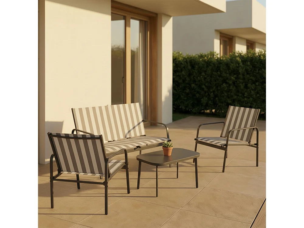 Kallia - Salon de jardin 4 personnes à rayures en acier et textilène - Gris foncé