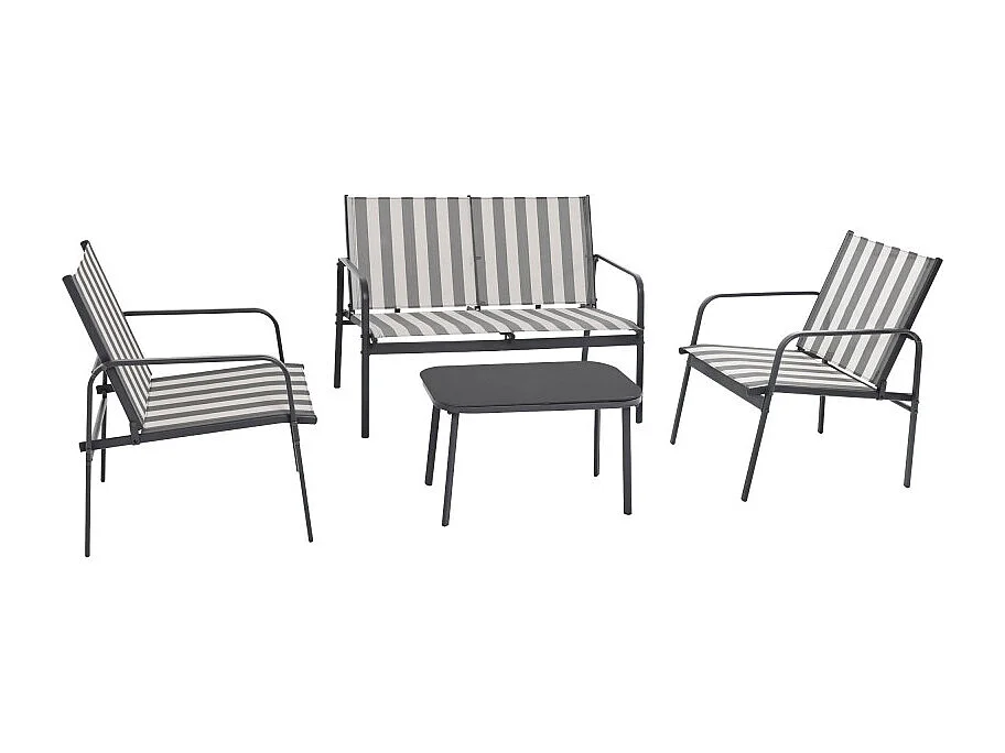 Kallia - Salon de jardin 4 personnes à rayures en acier et textilène - Gris foncé