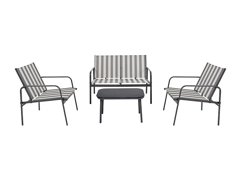Kallia - Salon de jardin 4 personnes à rayures en acier et textilène - Gris foncé