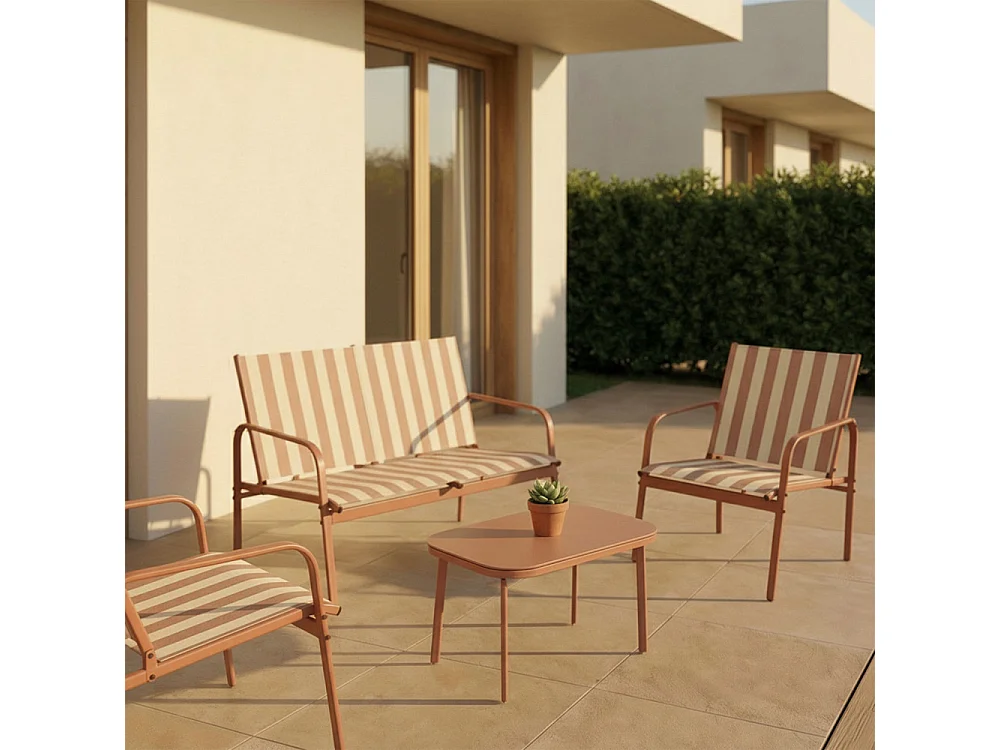 Kallia - Salon de jardin 4 personnes à rayures en acier et textilène - Terracotta