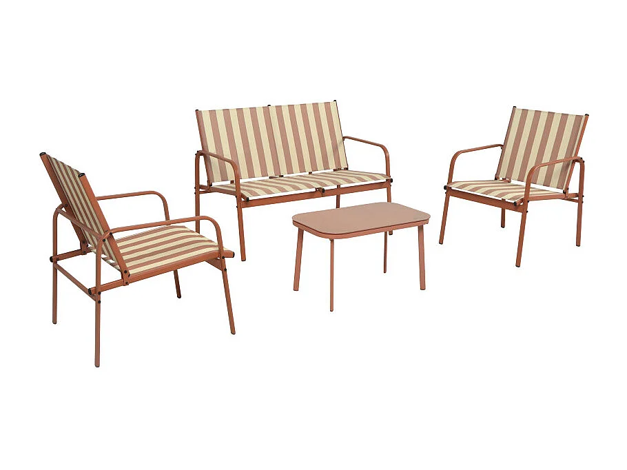 Kallia - Salon de jardin 4 personnes à rayures en acier et textilène - Terracotta