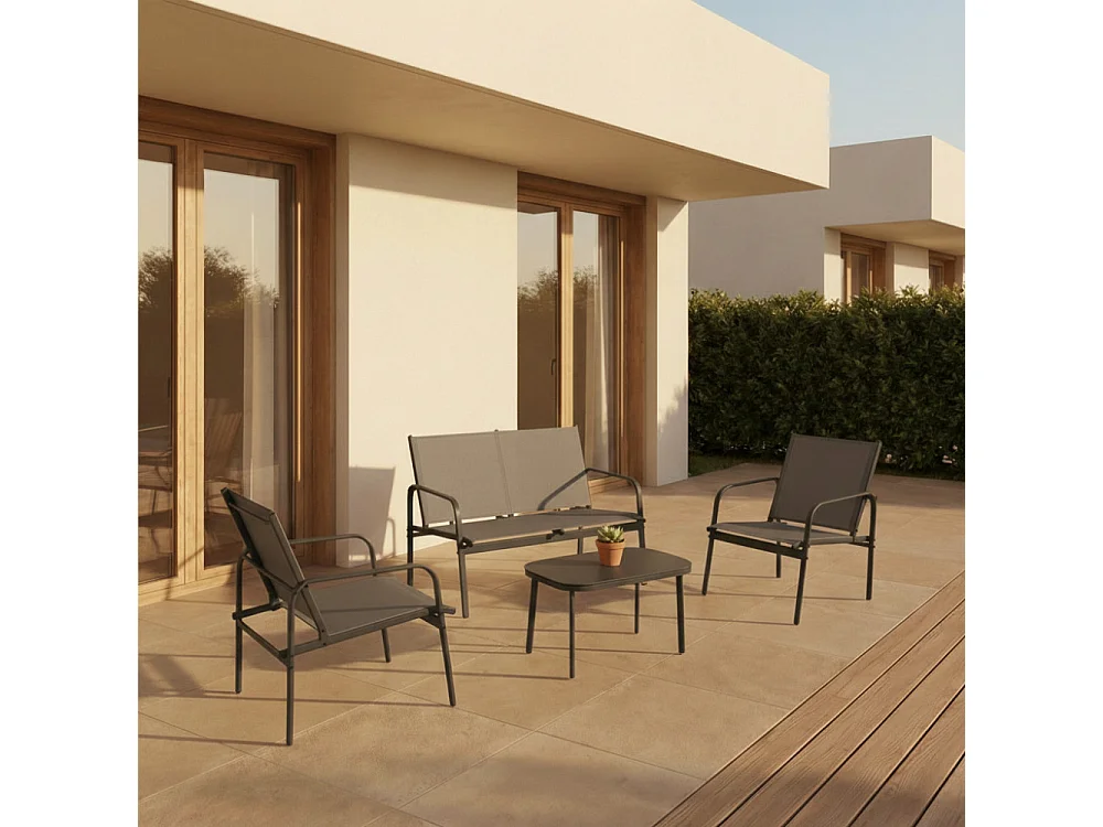 Kallia - Salon de jardin 4 personnes en acier et textilène - Gris foncé