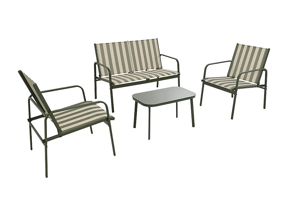 Kallia - Salon de jardin 4 personnes à rayures en acier et textilène - Vert olive