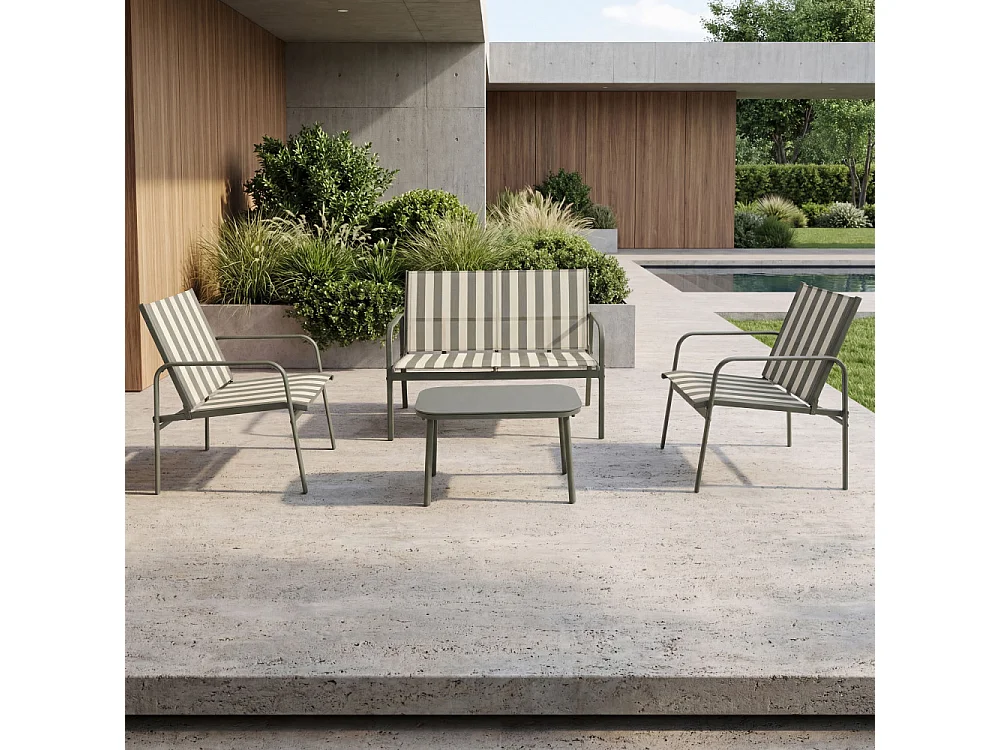 Kallia - Salon de jardin 4 personnes à rayures en acier et textilène - Vert olive