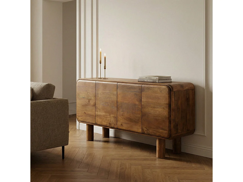 Sira - Buffet 4 portes en bois massif L160cm - Bois foncé